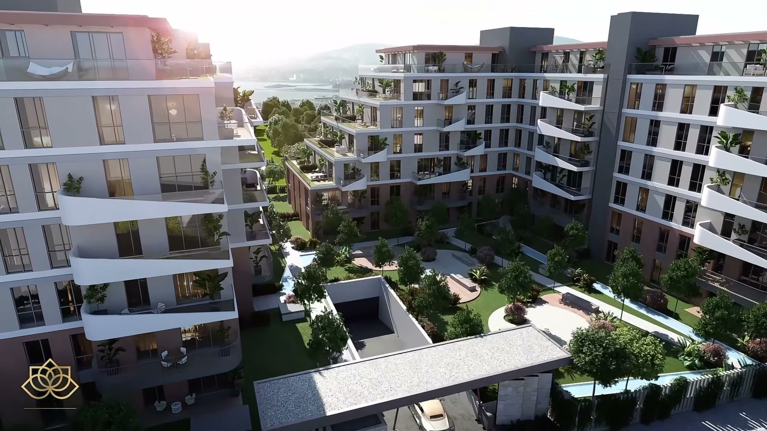Bloklar arasındaki peyzajlı avlu, kuşbakışı