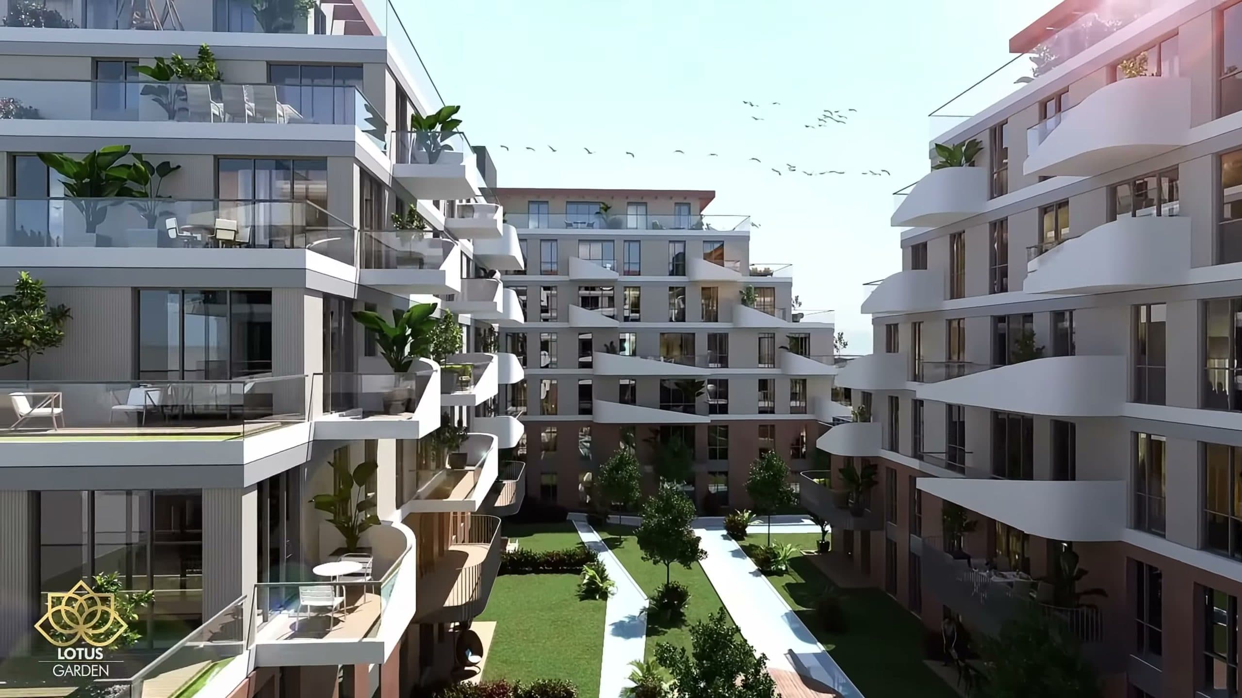Bloklar arasındaki bahçe ve teraslı cepheler